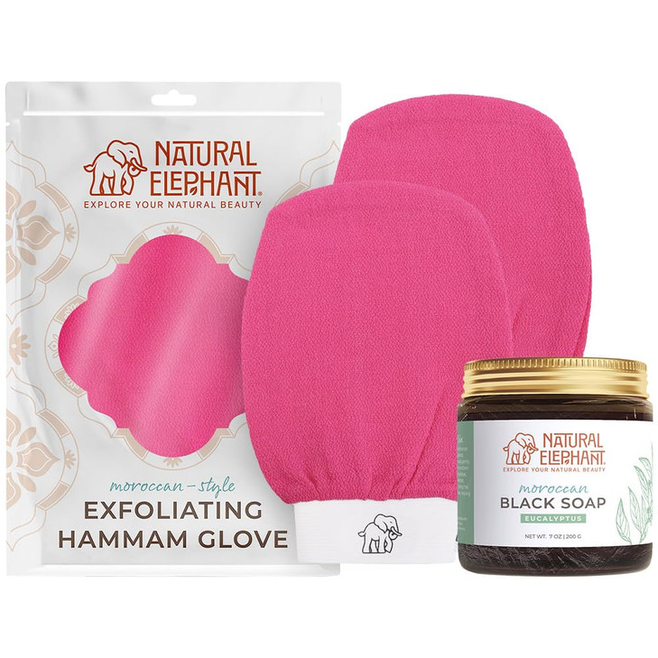 Natural Elephant Moroccan Black Soap 200g 7oz and 2 Pack Exfoliating Hammam Glove Combo Pink Tulip