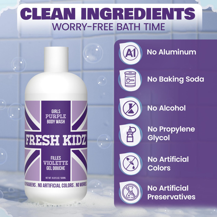 Fresh Kidz Body Wash for Kids and Teens Gentle Bath and Shower Cleanser for All Skin Types Girls Purple 169 Fl oz
