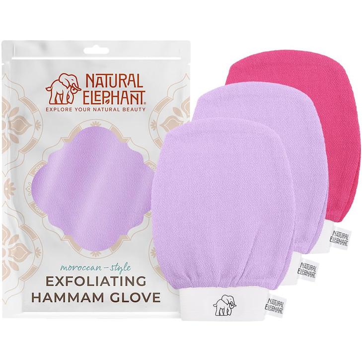 Natural Elephant Exfoliating Hammam Glove 2 Purple and 1 Pink Pack of 3