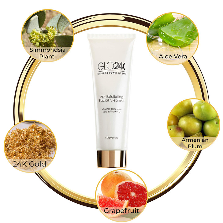 GLO24K Exfoliating Facial Cleanser with 24k Gold Aloe Vera and Vitamins For a Radiant Purified Fresh looking Skin