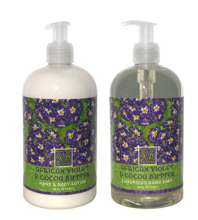 Greenwich Bay AFRICAN VIOLET COCOA BUTTER Hand Body Lotion and Hand Soap Duo Set Enriched With Shea Butter 16 oz ea