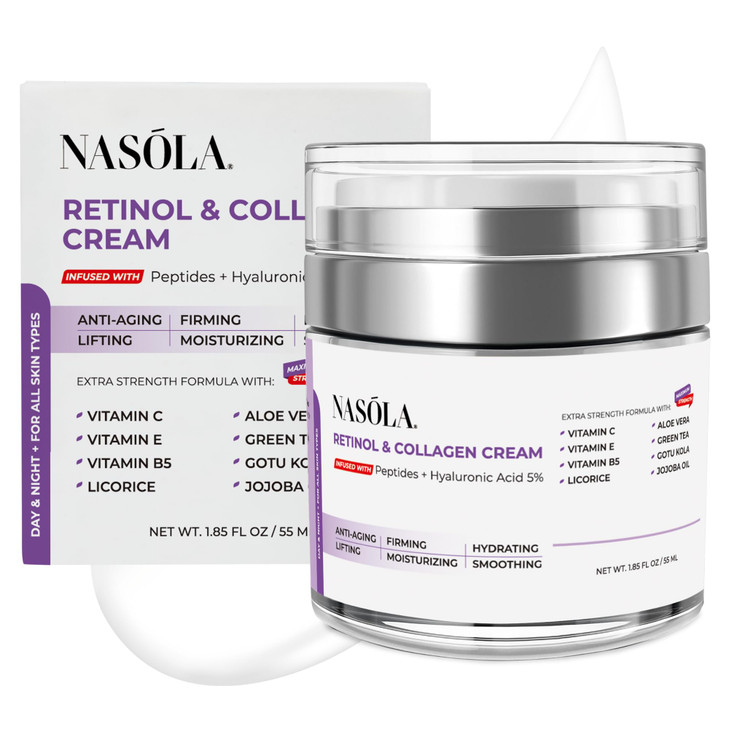 Nasola Retinol and Collagen Face Cream, Anti Aging Retinol Moisturizer with Hyaluronic Acid, Day & Night Collagen Wrinkle Remover, Contains Vitamin B