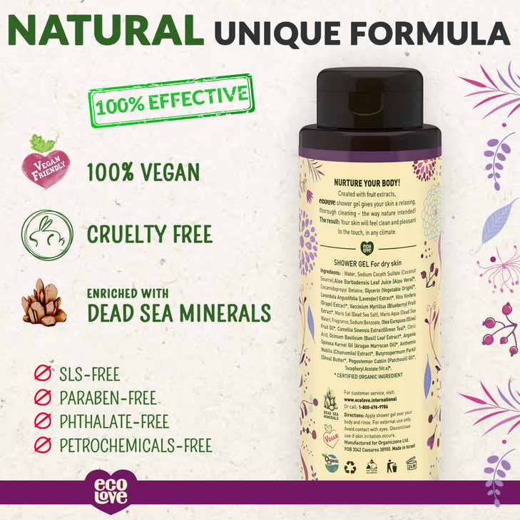 ecoLove Natural Moisturizing Body Wash for Dry Skin Organic Blueberry Grape Lavender No SLS or Parabens Vegan and Cruelt