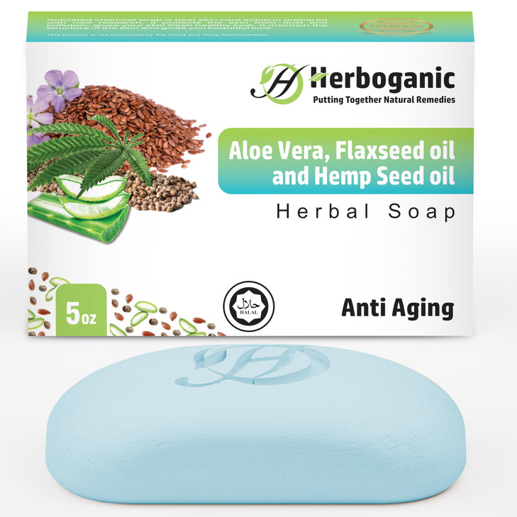 HERBOGANIC Aloe Vera Flaxseed Oil and Hemp Seed Oil Herbal Soap Natural Bar Soap for AntiAging Rejuvenating and Nourishi