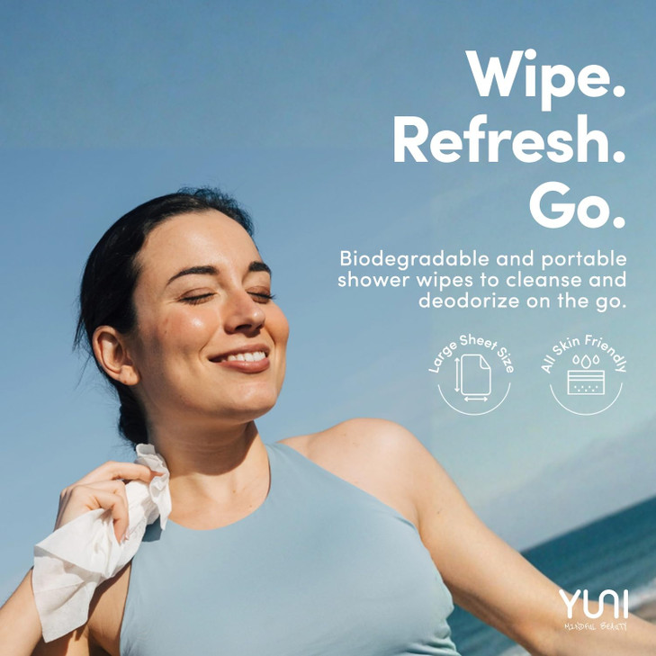 YUNI Beauty Large Body Wipes Peppermint Citrus 12 Count Compostable Biodegradable No Rinse Body Cleanser OntheGo Shower