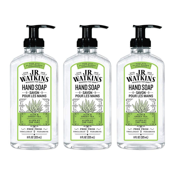 JR Watkins Gel Hand Soap Aloe Green Tea 3 Pack Scented Liquid Hand Wash for Bathroom or Kitchen USA Made and Cruelty Fre