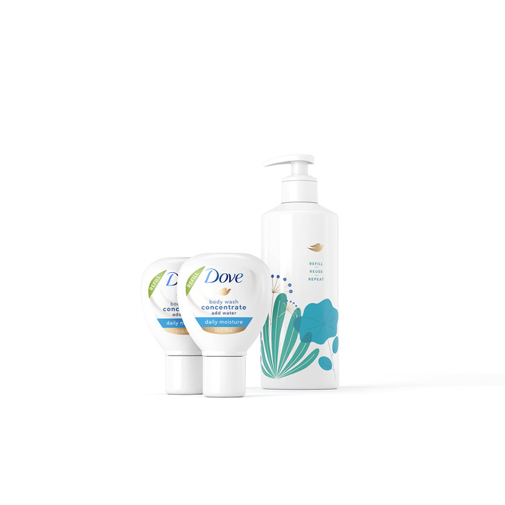 Dove Concentrate Refills x2 and 100 percent Recycled Reusable Bottle for Instantly Soft Skin Daily Moisture Starter Kit