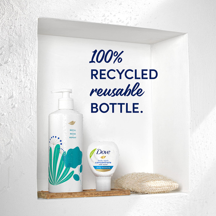 Dove Concentrate Refills x2 and 100 percent Recycled Reusable Bottle for Instantly Soft Skin Daily Moisture Starter Kit
