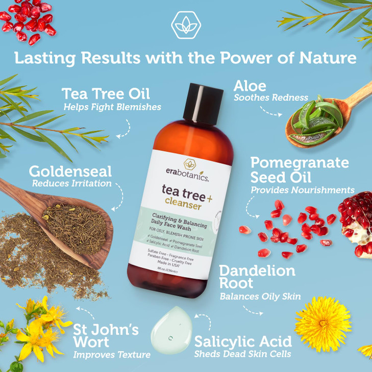 Era Organics Purifying Tea Tree Oil Face Wash Balancing Cleanser for Oily BlemishProne Skin with Salicylic Acid SulfateF