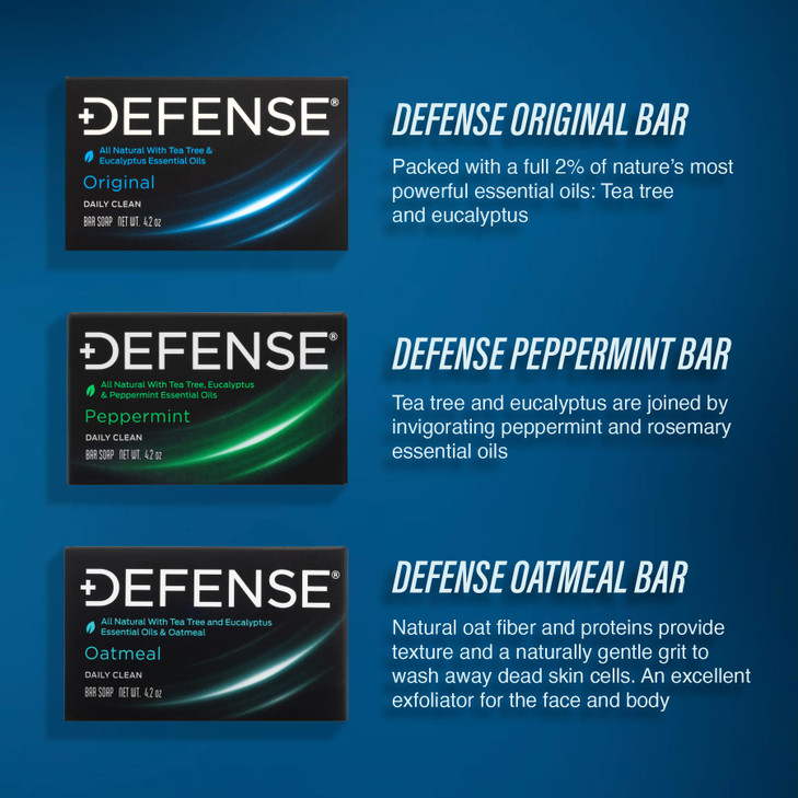 Defense Soap All Natural Tea Tree Bar Soap 3 Bar Variety Pack Original Peppermint Oatmeal