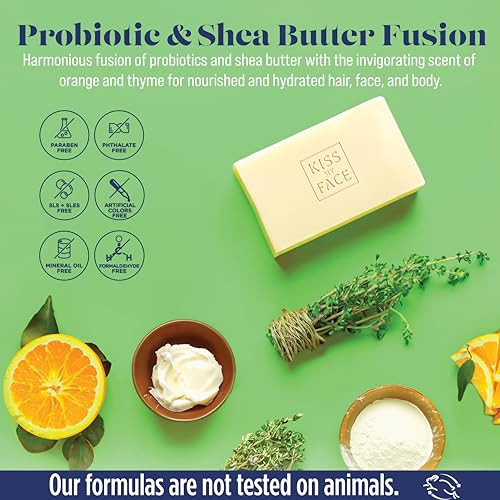 Kiss My Face EffortLess 3in1 Bar Soap Orange Thyme Probiotic Bar Soap for Face Hair and Body with Shea Butter Palm OilFr