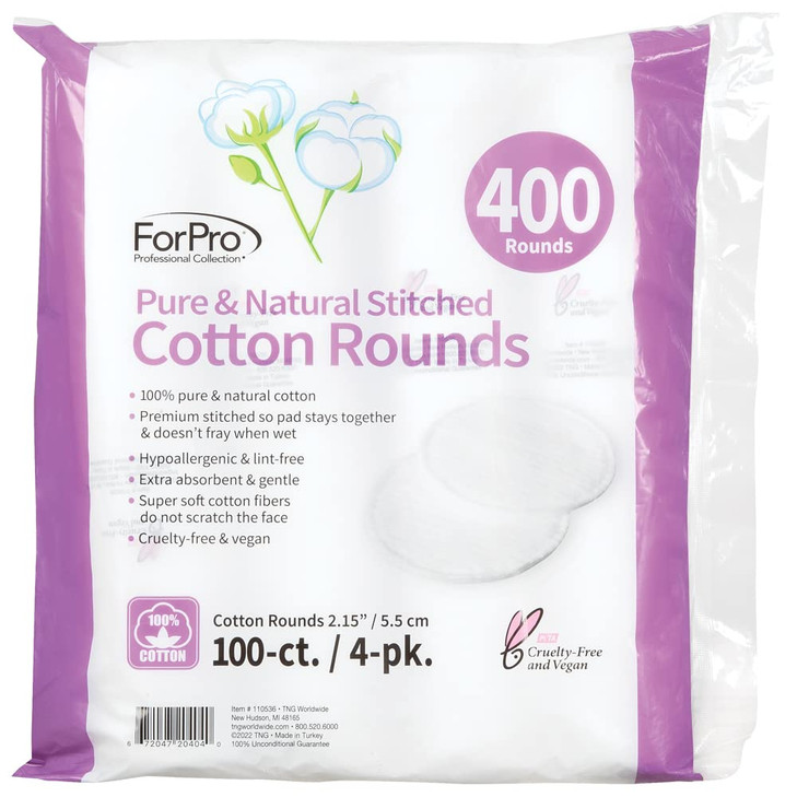 ForPro Pure Natural Stitched Cotton Rounds for Face 400Count 100 Pure Cotton Makeup Remover Pads Hypoallergenic LintFree