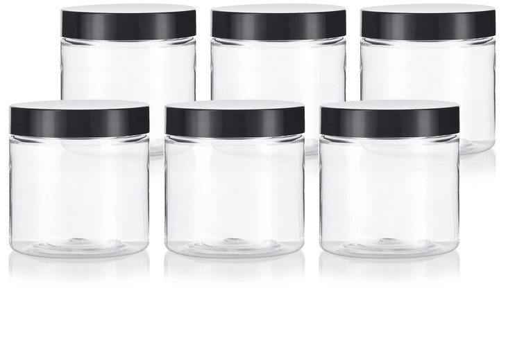 JUVITUS 4 oz Clear Plastic PET Travel Jar with Black Lid 6 Pack