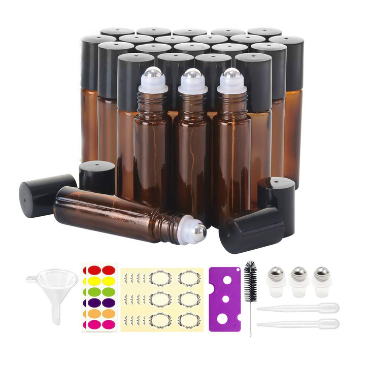 Mavogel Essential Oil Roller Bottles 24 Pack 5ml Pearl Colored Glass Bottles with Stainless Steel Roller Ball Essential
