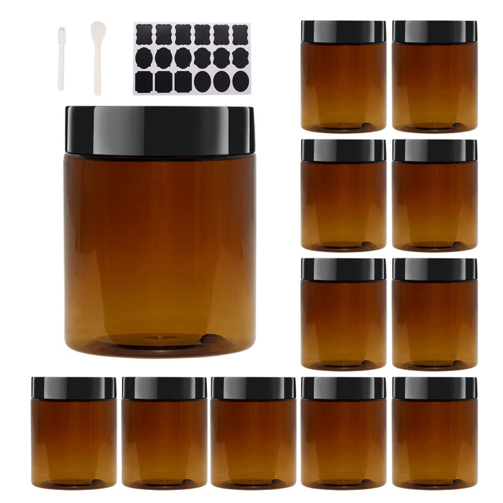 zmybcpack 12 Pack 8 OZ Amber Plastic Jars With Black Lids 6 Spatula A Pen Labels PET Storage Container for Cosmetics Cre