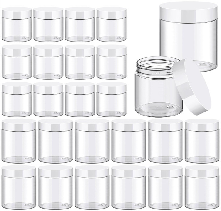 TUZAZO 24 Pack Plastic Jars with White Lids and Labels 12pcs 8 OZ and 12pcs 4 OZ Round Clear Cosmetic Containers for Bod