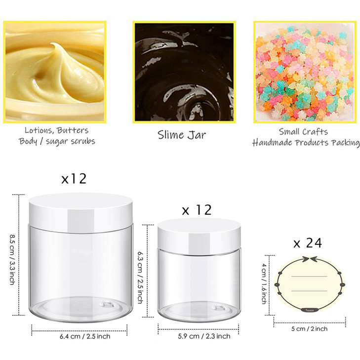 TUZAZO 24 Pack Plastic Jars with White Lids and Labels 12pcs 8 OZ and 12pcs 4 OZ Round Clear Cosmetic Containers for Bod