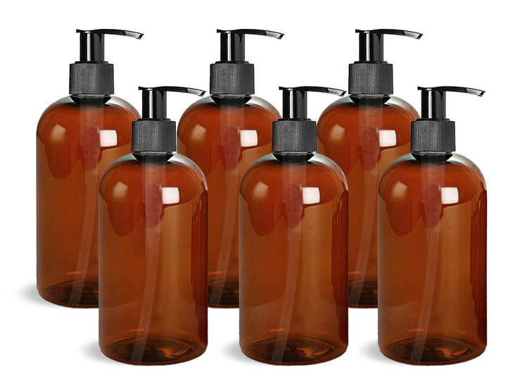 ljdeals 16 oz Amber Plastic Bottle with Black Lotion Pump Refillable Containers for Shampoo Lotions Cream and More Pack
