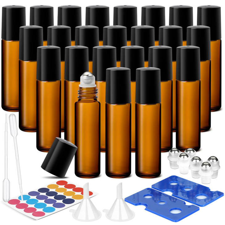 ComSaf 24 Pcs Roller Bottles for Essential Oils 10ml Update TripleLock Seal Roll on Bottles Amber Perfume Glass Roller B
