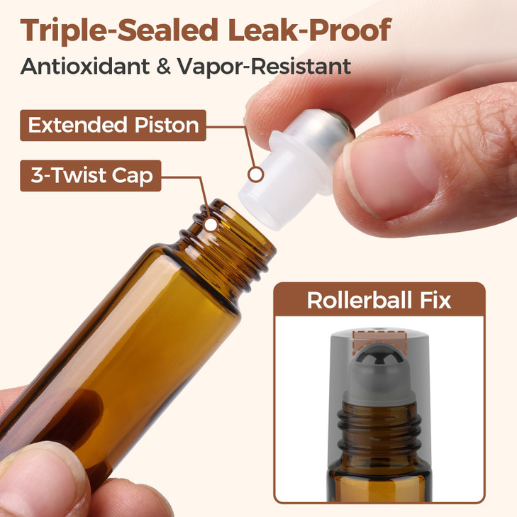 ComSaf 24 Pcs Roller Bottles for Essential Oils 10ml Update TripleLock Seal Roll on Bottles Amber Perfume Glass Roller B