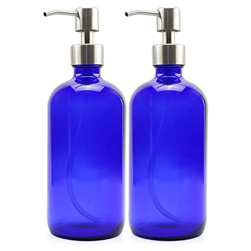 Cornucopia Brands 16Ounce Cobalt Blue Glass Bottles wStainless Steel Pumps 2Pack Soap Dispenser wLotion Pumps for Essent