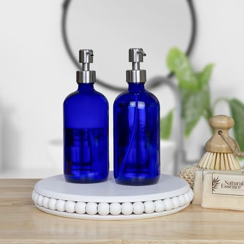 Cornucopia Brands 16Ounce Cobalt Blue Glass Bottles wStainless Steel Pumps 2Pack Soap Dispenser wLotion Pumps for Essent