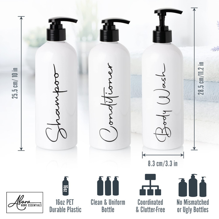 Alora 32oz Reusable Shampoo and Conditioner Bottles Set of 3 Easy to Read Labels Pump Bottle Dispenser for Shampoo Condi
