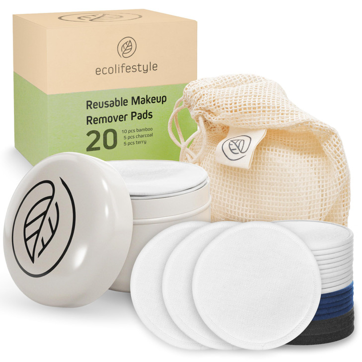 Ecolifestyle Reusable Makeup Remover Pads 20 Pack Reusable Cotton Rounds with Laundry Bag Metal Storage Box EcoFriendly