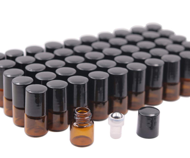 50 Pack 1ml Amber Glass Vials Roll On BottleGlass Roller Bottle With Stainless Steel Roller BallBlack Cap LidPerfect Sam