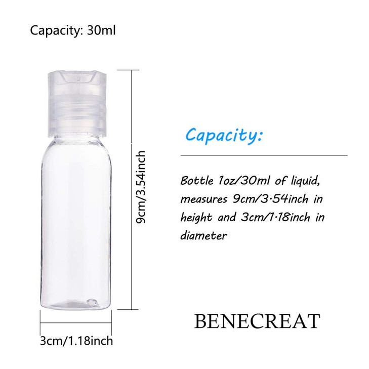 BENECREAT 24 Pack 1oz PET Plastic Bottles Clear Refillable Travel Containers with Press Cap for Shampoo Lotion Cream Cos
