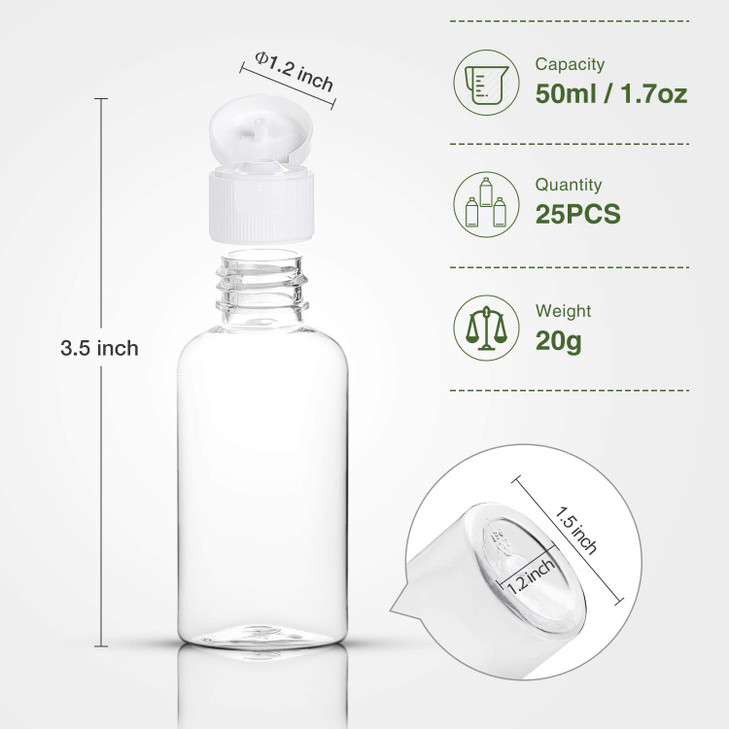 MMonDod 25 Pack 17oz50ml Plastic Empty Bottles Clear Travel Containers Travel Size Bottles with Flip Cap Squeezable Refi