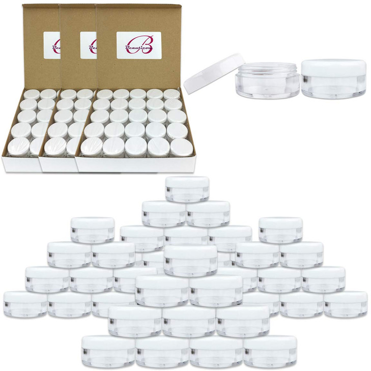 Quantity 200 Pieces Beauticom 5G5ML Round Clear Jars with White Lids for Lotion Creams Toners Lip Balms Makeup Samples