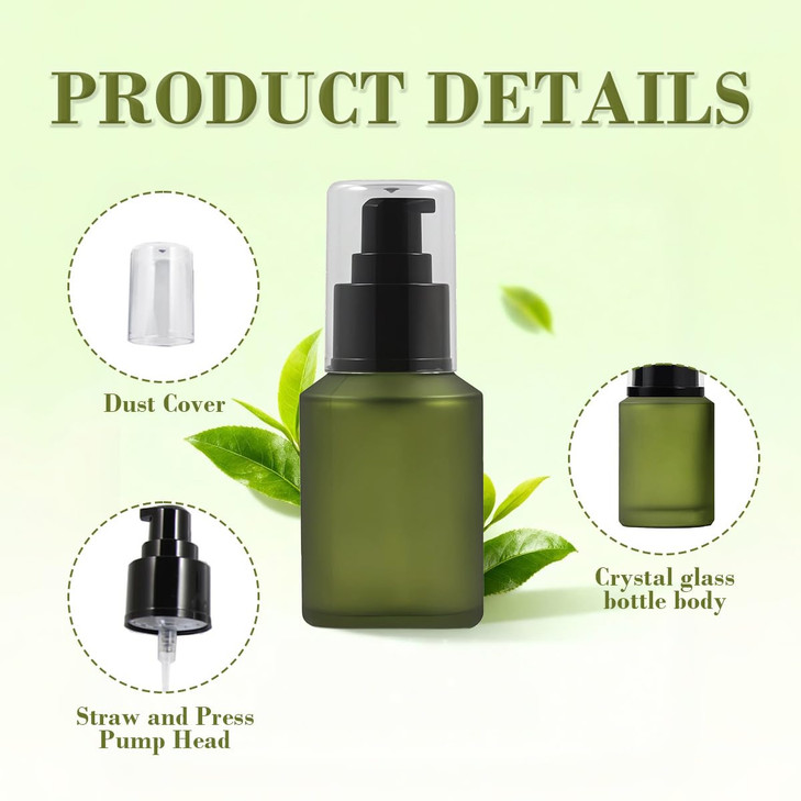 1PCS 60ML2OZ Empty Refillable Green Frosted Glass Bottles with Pump Vial Cosmetic Dispenser Jars Storage Container Porta