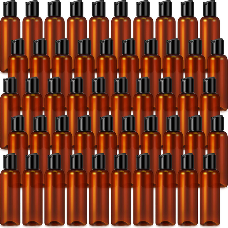Mimorou 50 Pieces 4oz Plastic Squeeze Bottles with Disc Top Flip Cap Empty Amber Refillable Containers Small Travel Toil