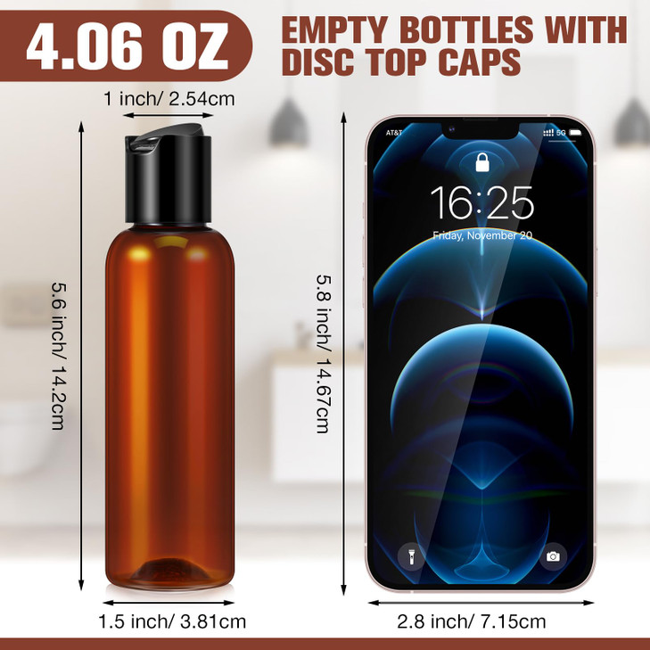 Mimorou 50 Pieces 4oz Plastic Squeeze Bottles with Disc Top Flip Cap Empty Amber Refillable Containers Small Travel Toil