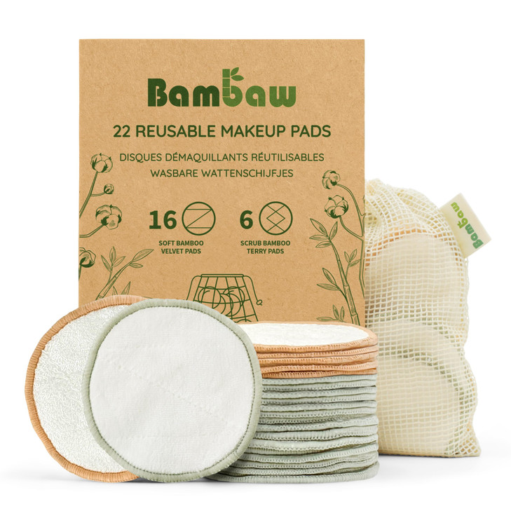 Bambaw Reusable Makeup Remover Pads 22 Face Rounds with 1 Bag for Laundry Storage Washable Cotton Rounds Soft Exfoliatin
