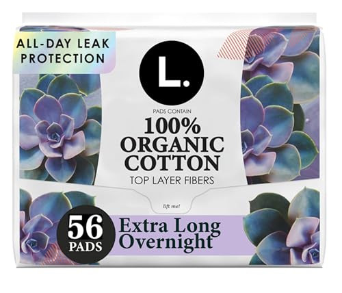 L Extra Long Maxi Pads for Women Overnight Absorbency Organic Cotton Top Layer Unscented Pads with Wings 56 Count 2 Pack