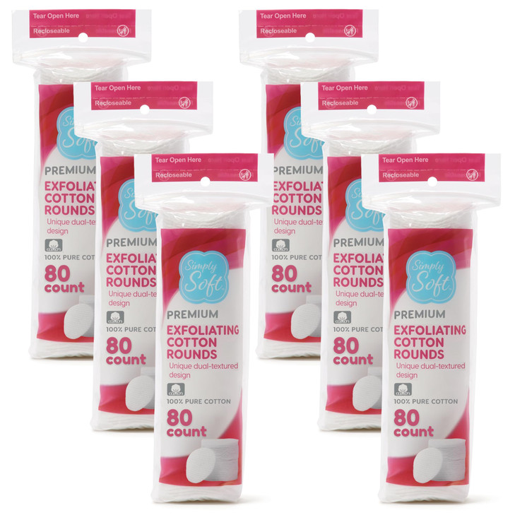 Simply Soft Hypoallergenic Exfoliating Dual Textured Cotton Rounds Pads 80 Count Pack of 6
