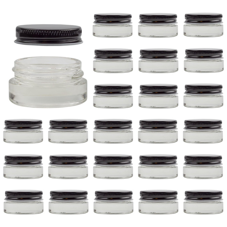 Cornucopia Brands 7Milliliter Glass Lip Balm Jars 24Pack25Ounce ThickWalled Containers 7ml Clear with Black Metal Lids