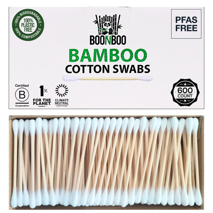 BOONBOO Organic Bamboo Cotton Swabs PFASFree 600 Count