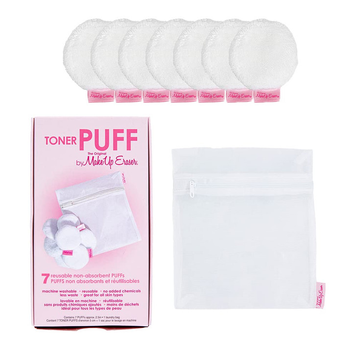 MakeUp Eraser Toner Puff 7pc Set Reusable and Machine Washable Rounds Laundry Bag Included