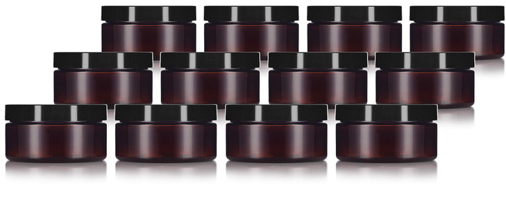 8 oz Amber PET Plastic Refillable Low Profile Jar Black Smooth Lid 12 pack