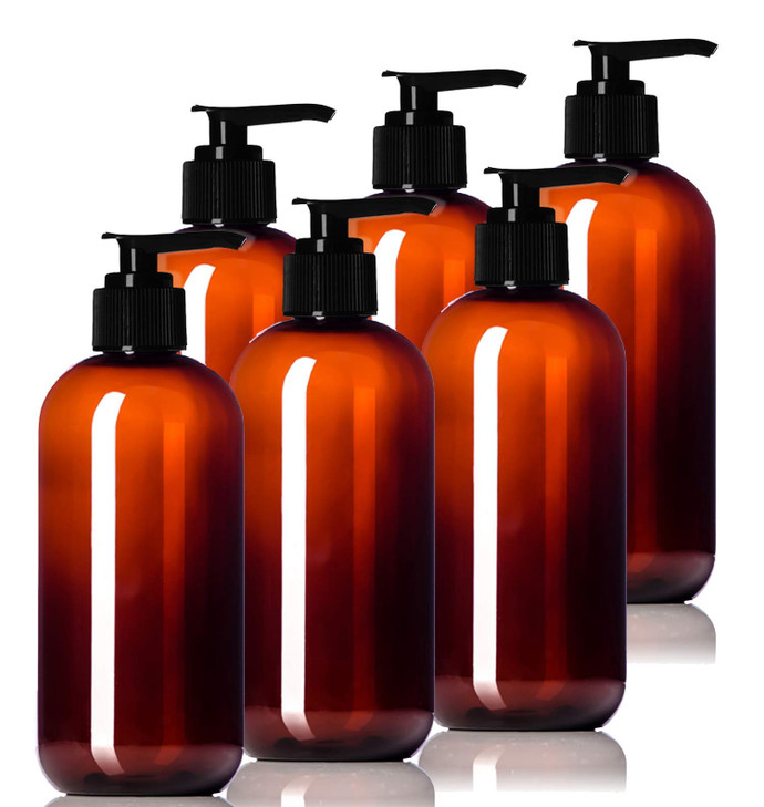 Aromine 8oz Plastic Amber Bottles 6 Pack BPAFree Squeeze Containers with Pump Cap Labels Included