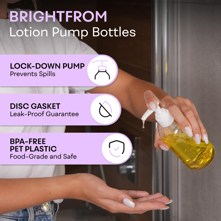 BRIGHTFROM Plastic Bottles with Pump Dispenser 8 OZ Empty BPA Free Refillable Containers for Body Wash Moisturizer Face