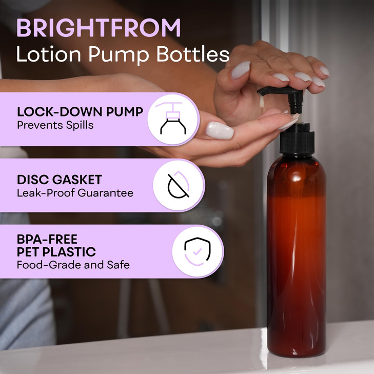 BRIGHTFROM Lotion Pump Bottles Empty 8 OZ BPAFree Refillable Plastic Containers Amber with Black Dispenser for Soap Sham