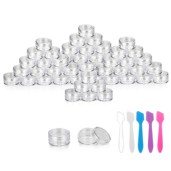 Accmor 100 Pieces 3g Empty Clear Plastic Sample Containers with Lids Cosmetic Pot Jars with 5 Pieces Mini Spatulas by Ac