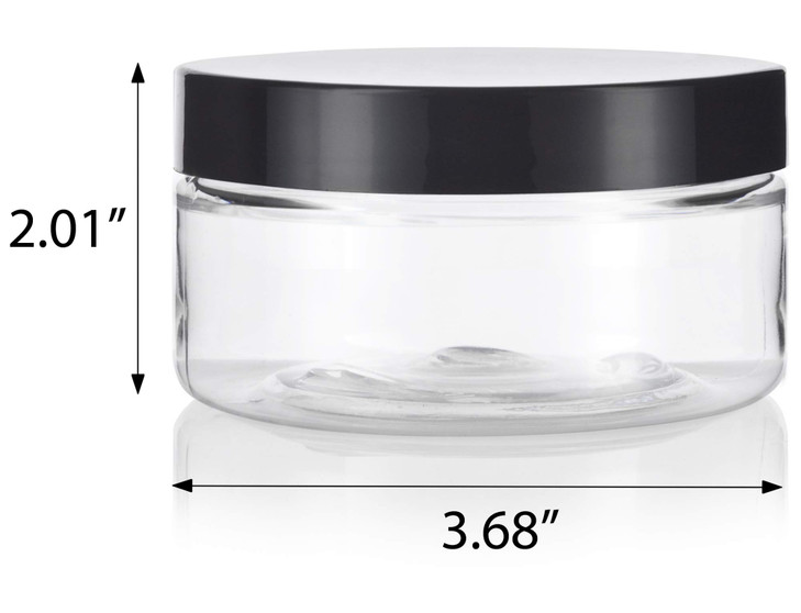 JUVITUS 8 oz Clear Plastic Low Profile Jar with Black Smooth Lids 12 Pack
