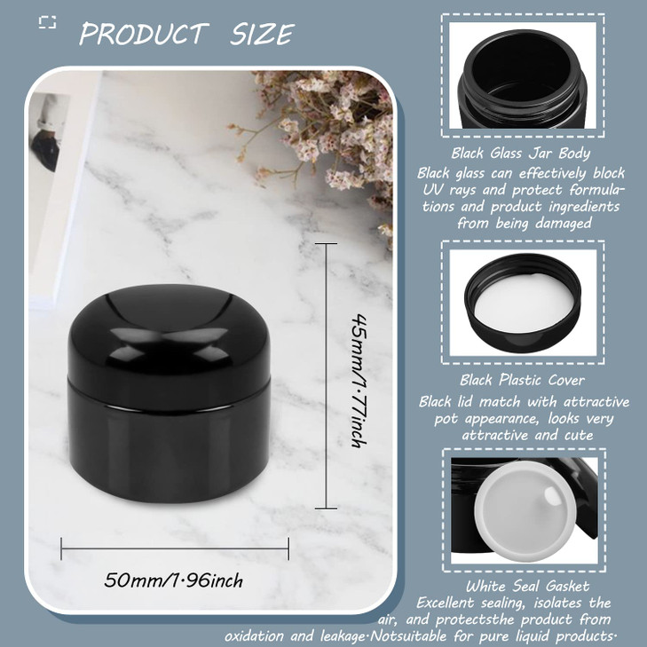 12 Pack 1oz Black Matte Glass JarsEmpty Round Storage Travel Containers with Black Dome Lid Inner LinersRefillable Cosme