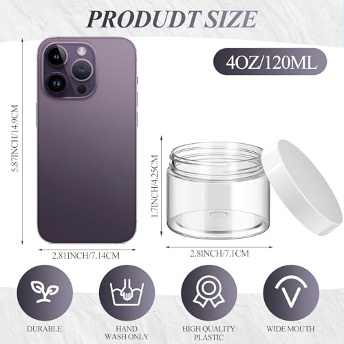 6 Pack 4 oz Plastic Pot Jars Round Clear Leak Proof Plastic Cosmetic Container Jars with White Lids for Travel Storage M