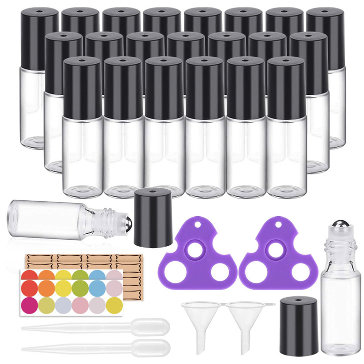 Easytle Essential Oil Roller Bottles 24 Pack 5ml Clear Glass Roller Bottles for Oils 96 Pieces Labels 2 Opener 4 Funnels